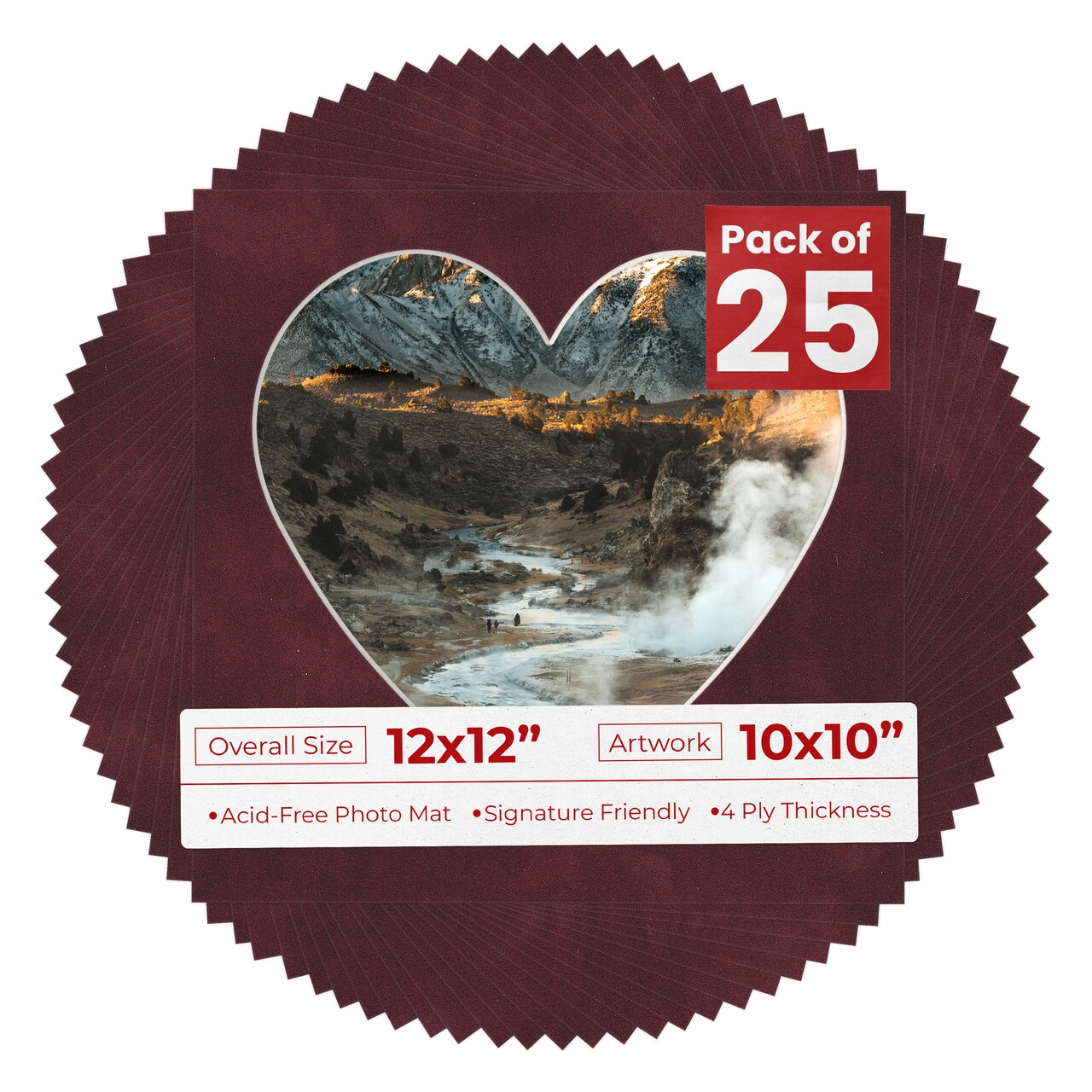 Dark Red Suede Mat Board for 12x12 Frames - Heart Opening for 10x10 Photos